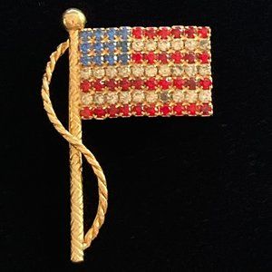 Vintage American Flag Rhinestone Brooch